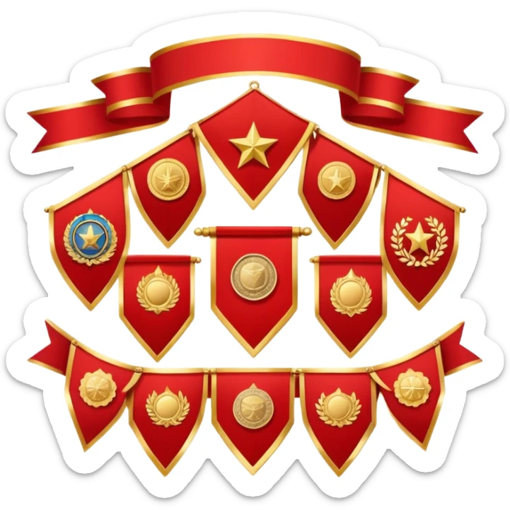 Icon for Collecting Orders, Medals & Badges: a variety of vintage orders, medals and badges, displayed neatly on a big red pennant or in a display case. The icon should reflect the honor and historical significance of these collectible items. Transparent background. sticker