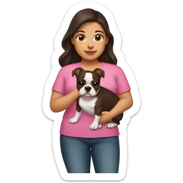 Chubby hispanic girl with brown hair and brown eyes with a pink shirt holding a boston terrier  sticker