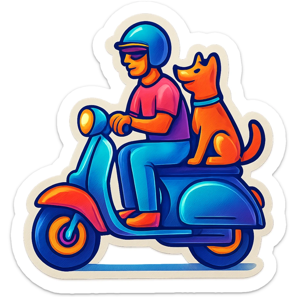 man and his pet dog riding a vespa sticker