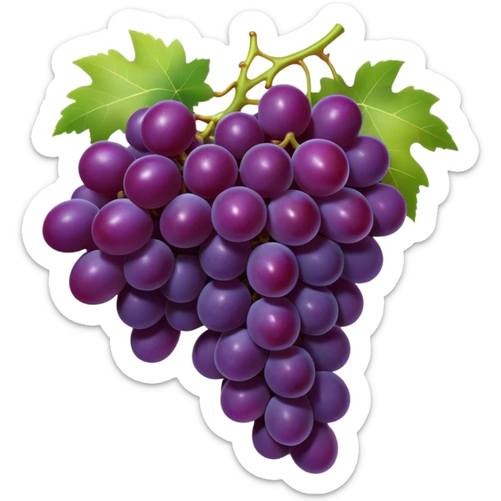 Cinematic Realistic Grapes Emoji, Clustered together in rich purple hues, with smooth, plump skins reflecting light in a glossy, delicate sheen. The stems curve slightly, holding the clusters together like a sweet, natural treasure. Soft glowing outline, capturing the essence of natural sweetness and richness in a bunch of ripe grapes! sticker