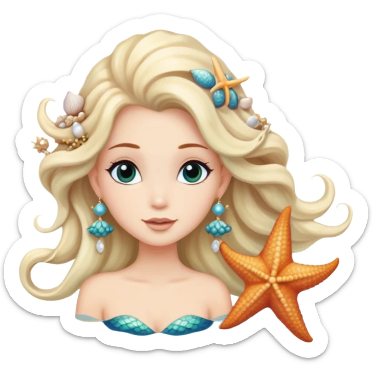 mermaid with seashells in hair, starfish earrings, ocean hair sticker