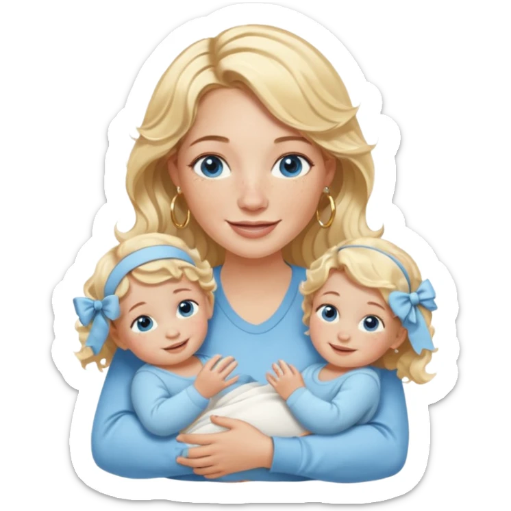 Wavy blonde, white woman with blue eyes, freckles hoop earrings, holding babies smiling and really cute in gold hoops she needs to be holding three newborns, and she needs to be more cute than pretty sticker