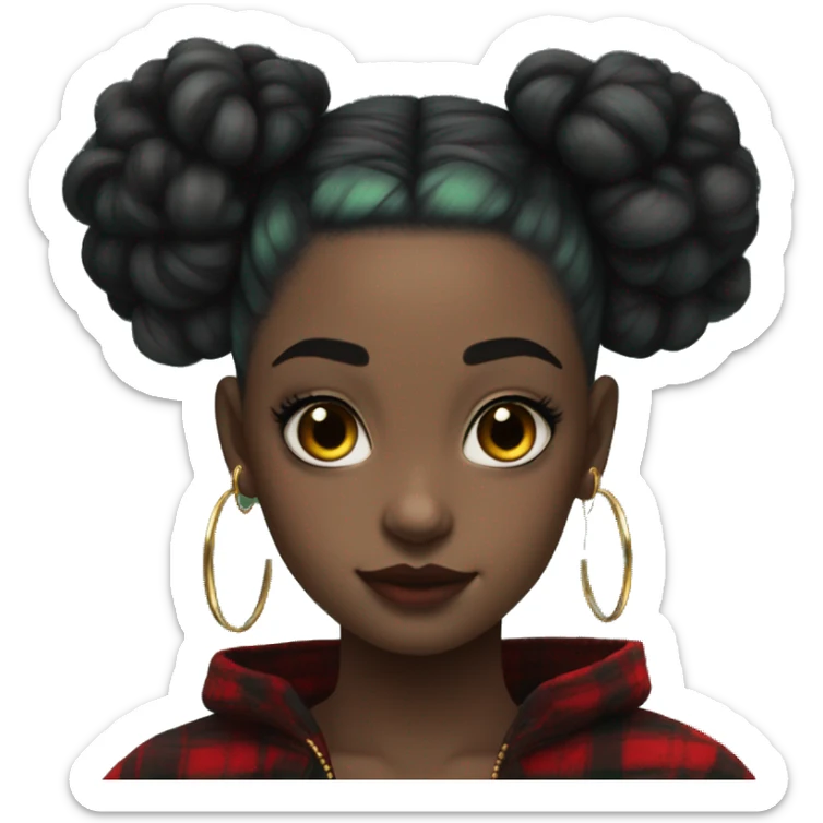  Pale skinned girl, dark green space buns hairstyle, wearing a red flannel, gold hoop earrings, thick wing eyeliner sticker