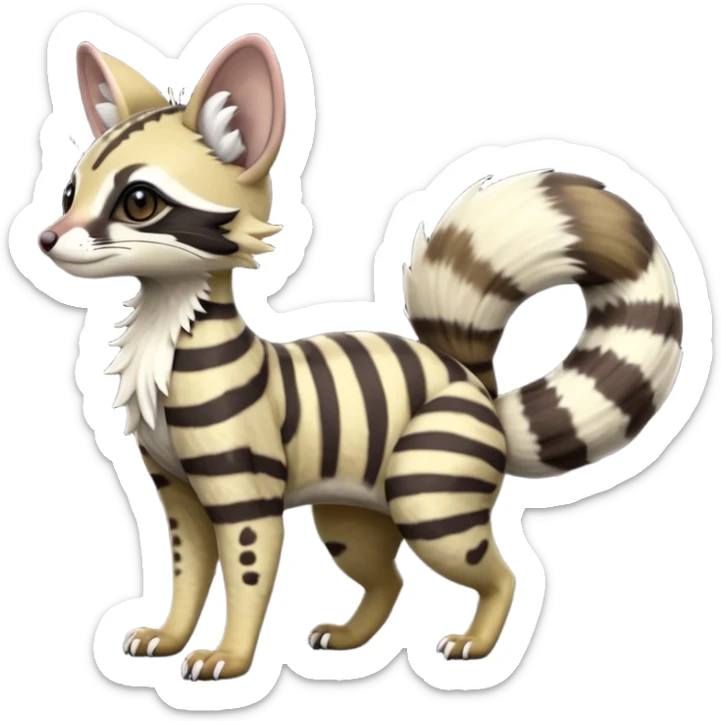 Cute elegant hyper-realistic lifelike furry Civet-Genet-Possum-Serval-Caracal-Sergal-Trico-Numbat-Furret-fusion-Fakemon-hybrid-creature (full body) with long tufted ears and a striped tufted tail  sticker