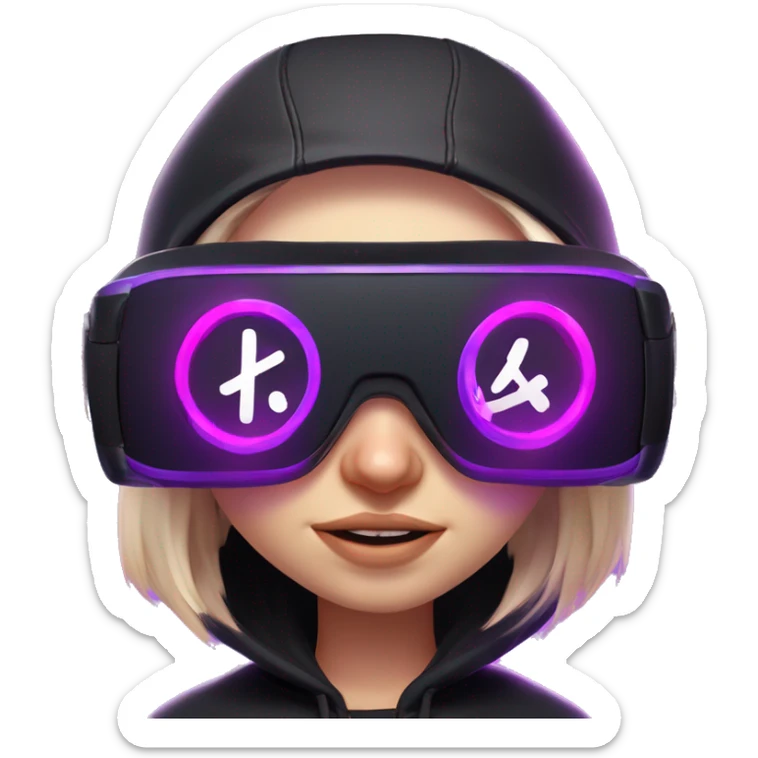 Russian girl wearing black hoody with violet letters "OMG", in vr headset oculus quest2. No eyes on headset. Cyberpunk style. Violet neon. sticker