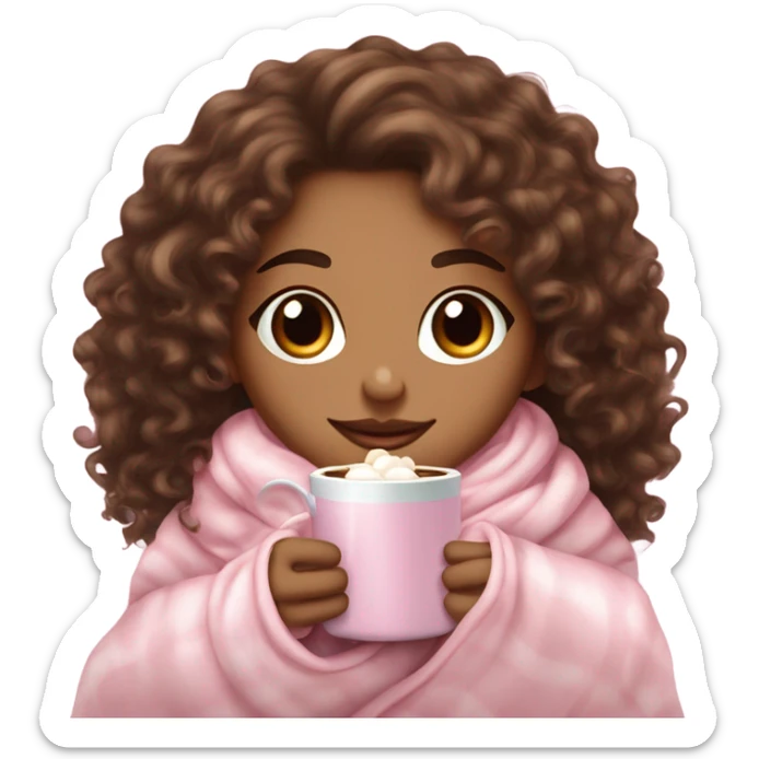 Light skin girl  with brown curly hair under our pink blanket,make her look like a young  make it so you can see the curly hairsipping hot cocoa with marshmallows, cuddled around the blanket, long curly hair, long, medium lashes sticker