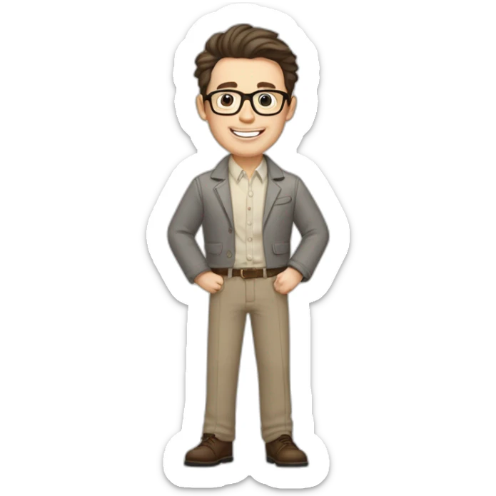 Joyful Pale skinned Fit Man With dark brown hair in gray jacket, beige office shirt, Brown pants and vintage glasses. His thrumbs up sticker