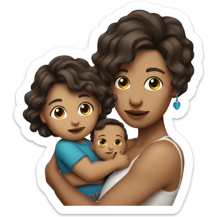  Brunette with tattoos on arm with long hair holding a baby boy with brunette hair  sticker