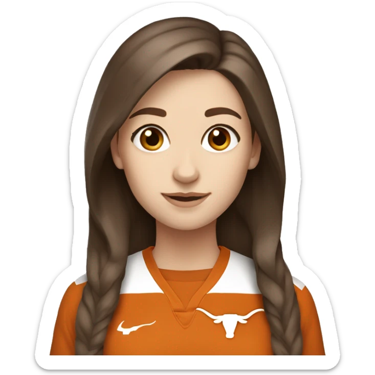 Brown hair, pale skin, woman. Wearing University of Texas Longhorn clothes sticker