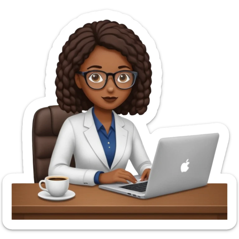 black girl with glasses, in the office with a laptop and a cup of coffee. sticker