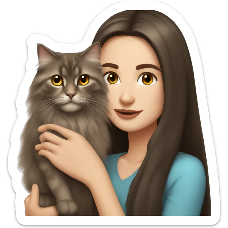 long straight haired blue eyed brunette woman holding norwegian forest cat with amber eyes sticker
