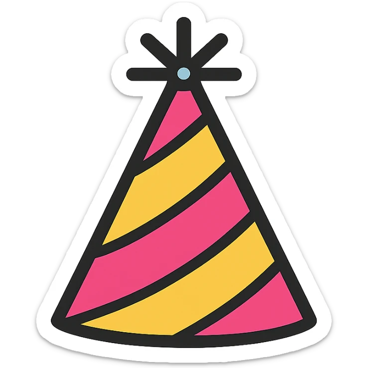 party hat, color outline icon style, playful colors, black outlines, modern icon look sticker