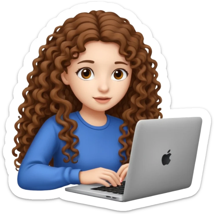 A girl with long curly hair is preparing for IELTS online with a laptop. sticker
