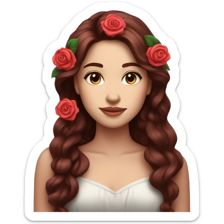 Beautiful, rose, red, flowers in hair, long dark brown hair, white fair skin sticker