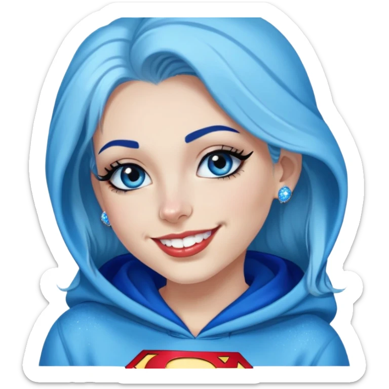 Teeth-showing-Smiling-beautiful-long-straight-dark-blue-and-glitter-in-hair-blue-eyes-thick-black-eyeliner-really-thick-really-long-eye-lashes-sky-blue-superman-hood-down-sweatshirt-nose-piercing-lip-pie sticker