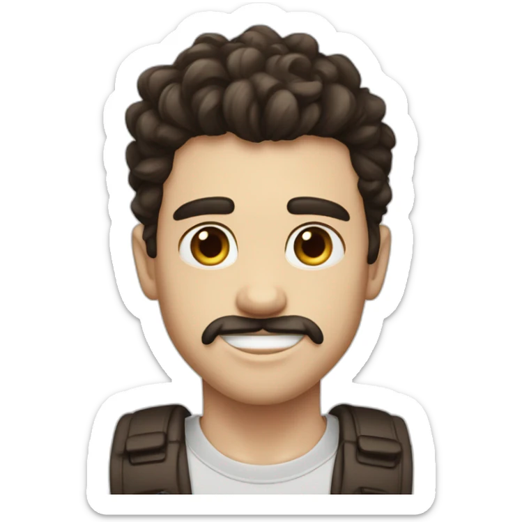 boy, big eyebrows, middle part, big teeth, pale skin, messy dark brown hair, mustache sticker