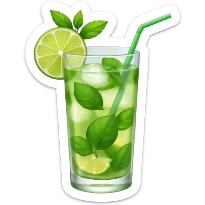 Make a mojito in she style of an emoji in a small glas with only one lime on top and one lime in the glas, not too much mint sticker