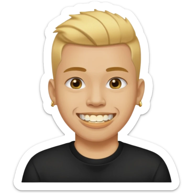 lightskinned person with a taper fade haircut and golden teeth wearing a black tshirt with a white background sticker