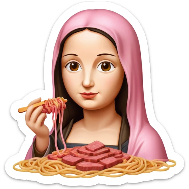 monalisa made of SPAM meat holding pink dripping sauce spaghetti portrait sticker