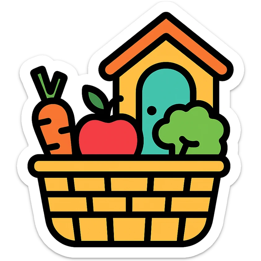 colorful icon of a basket of fruits and vegetables with a house door in the background sticker