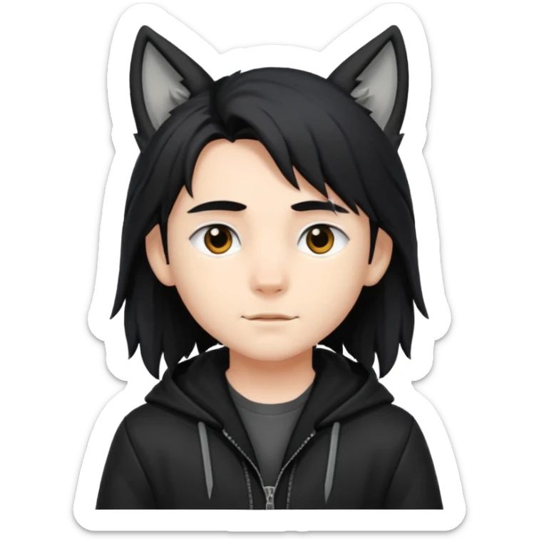 Garoto fofo de cabelo preto comprido usando uma jaqueta preta com orelhas de lobo  sticker