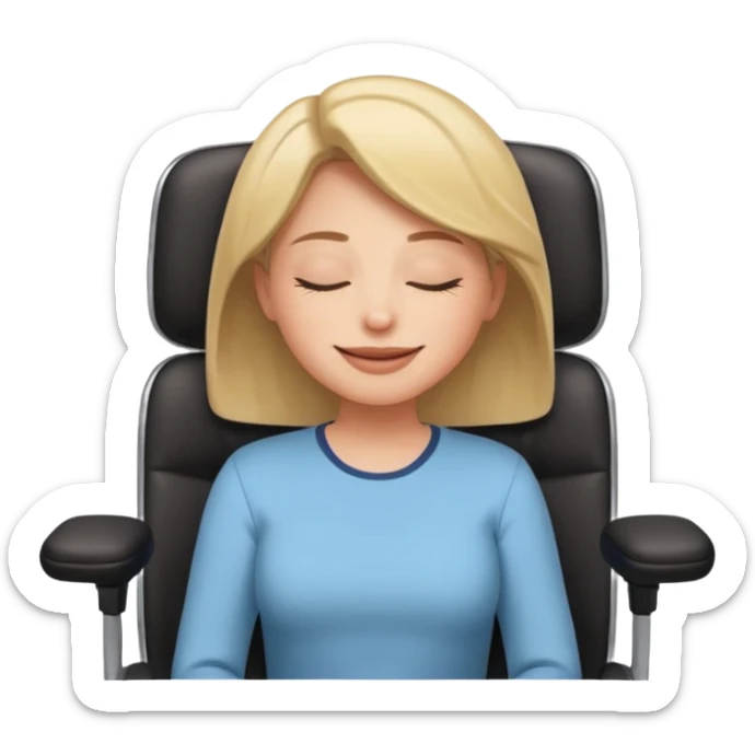 Woman having cartoon faced aligned in a chair in relaxing posture in an office chair and smiling sticker