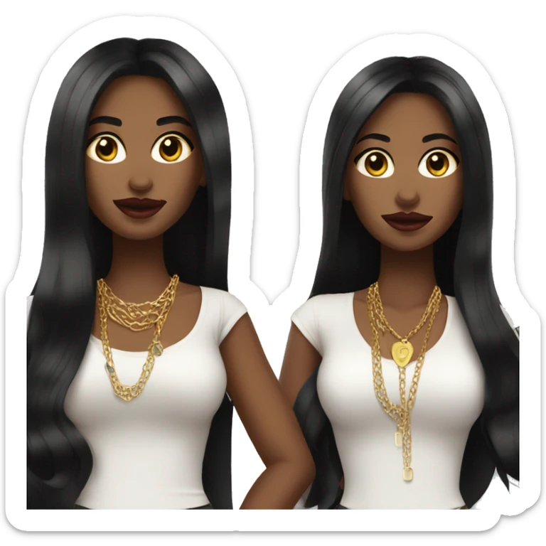 Woman wearing mini skirt with gold necklace and lip gloss with long black hair sticker