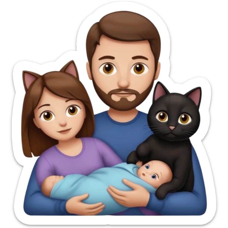 1 mom brown hair, 1 dad NO beard, 1 baby and 1 black cat sticker
