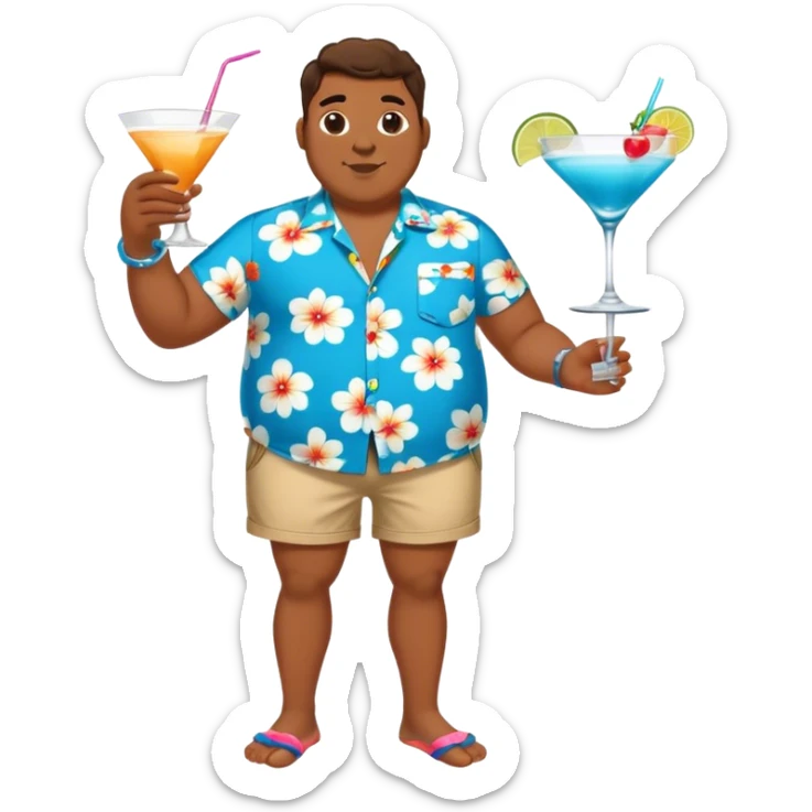 chubby guy full figure in a flowered azure havai shirt, brown shorts and flippers holding a cocktail sticker