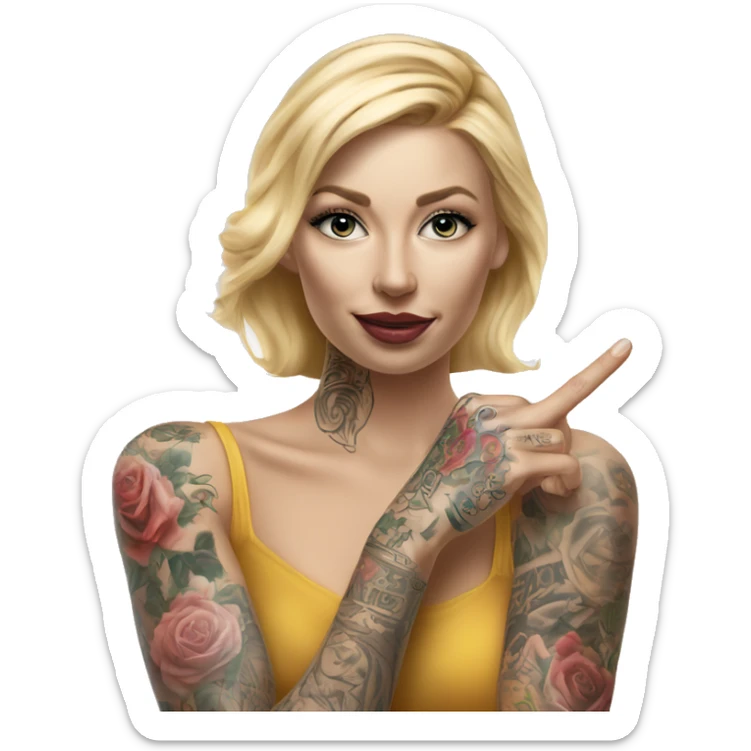 Blonde elegant women, her Body Covered with Tattoos, POINTING YOU FORWARD with her HAND with INDEX FINGER, Hyper realistic sticker