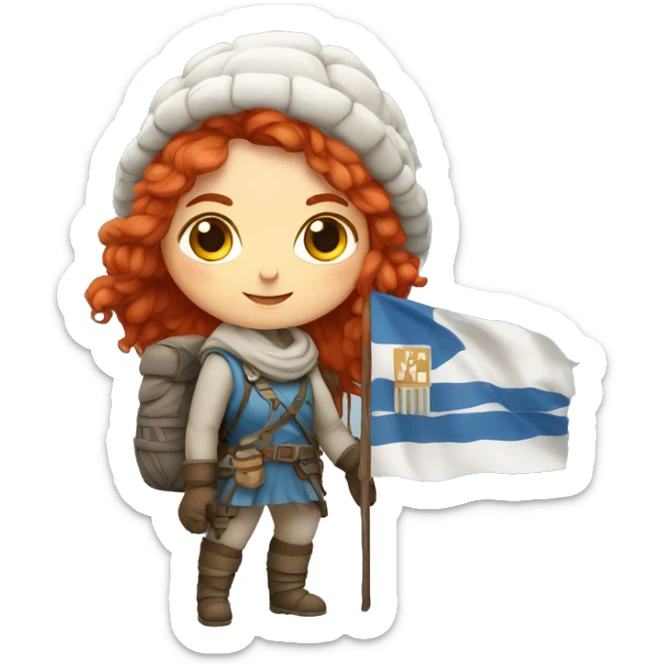 Greek Female winter mountaineer red hair white skin climbing with Greek Flag and Easter eggs basket sticker