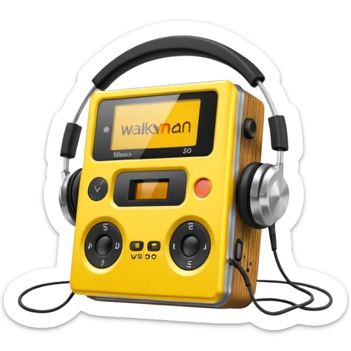 3D render of Walkman, vintage 1980s audio equipment aesthetic, tactile analog buttons, bright sports yellow plastic case with black foam headphones, mixed wood grain and brushed aluminum textures, Apple emoji style, isolated on white background --v 6.0 sticker