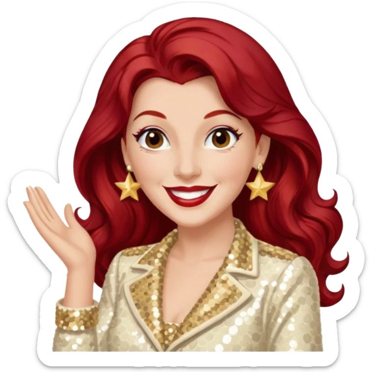 LaVerne Andrews from The Andrews Sisters with long dark red hair, cream sequin outfit sticker