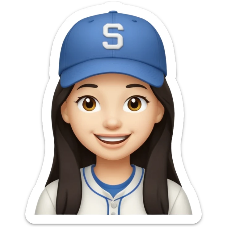 Digital illustration of a cartoon character with a big smile on its face and winking with one eye. The character has long dark hair and is wearing a white baseball cap and casual clothes. The overall style of the illustration is cute and playful. sticker