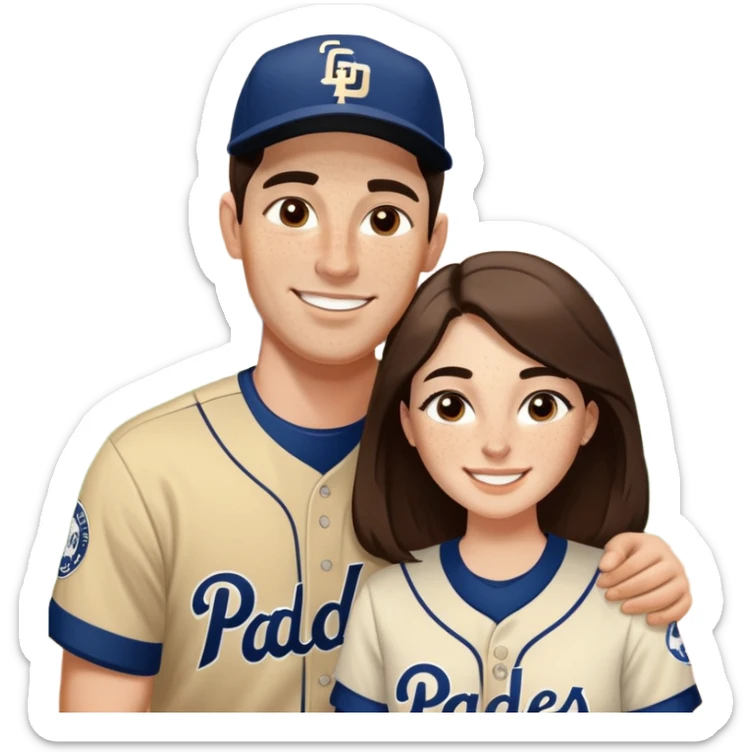 White Smiling couple. Woman has big cheeks and a lot of freckles on the nose. long brown hair. Man has black and very short hair and prominent eyebrows with egipcian nose. Both are wearing “Los Padres” baseball jerseys and with a sign that says “Go Padres!” sticker