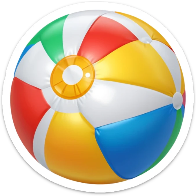 3D render of Beach Ball made of shiny inflatable vinyl, visible seam lines, air valve, highly reflective plastic texture, pool toy aesthetic, Apple emoji style, isolated on white background --v 6.0 sticker