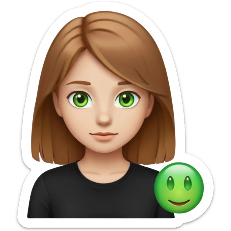 Girl emoji with a light brown, long hair and green eyes and a black shirt sticker