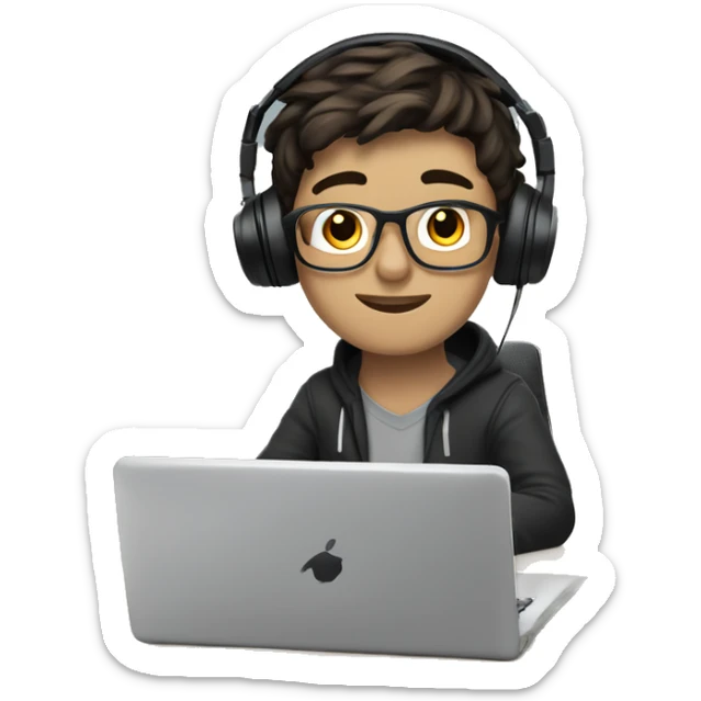white boy with dark hair and glasses wearing gaming headset and sitting at desk on desktop computer   sticker