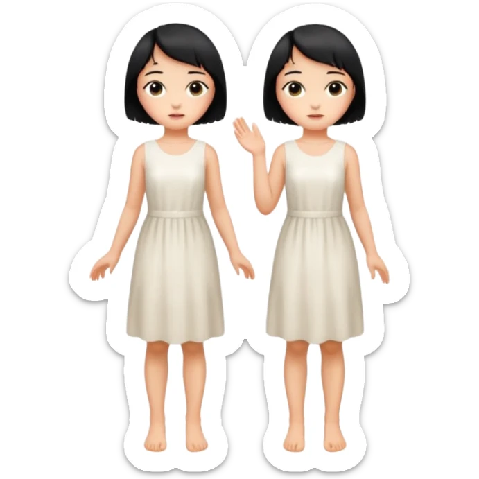 Girl with short black hair, wheat skin, and white dress in different poses sticker