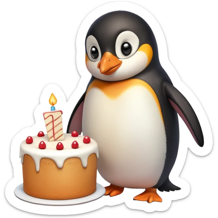A penguin standing near a cake, feeling shy from a surprise celebration, portrait, bust up sticker