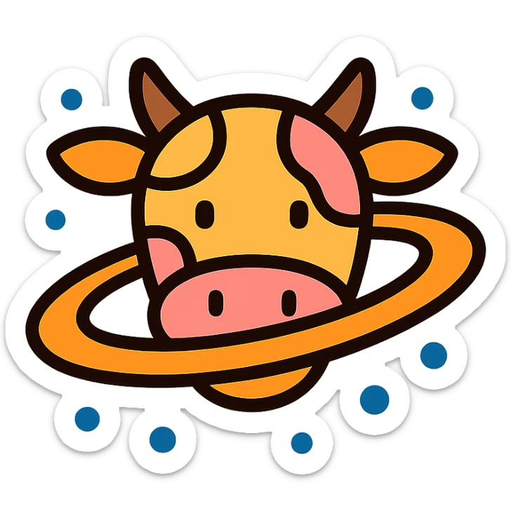 cartoon cow with Saturn's rings, icon style, color outline, playful and simple sticker