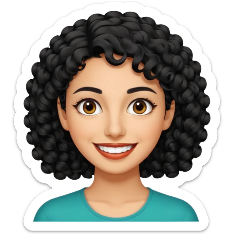 30 year old iranian woman very short curly black hair, big brown eyes, tanned skin, big smile, white teeth, pretty, stylish, shorter hair sticker