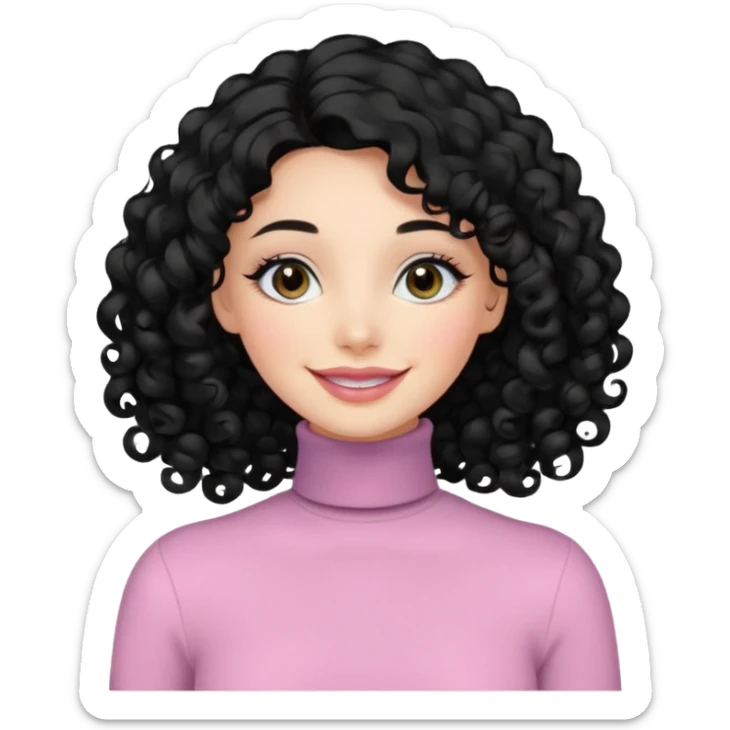 a woman with long sleeve turtle neck top and smile, her hair is long curly and the color is black, her eyes color are black and the color of her lip is soft pink sticker