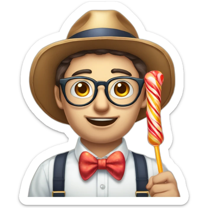 ugly big round frame glasses buckteeth week chin bowtie striped shirt suspenders holding a big lolipop with bad posture and a propeller hat portfolio manager sticker