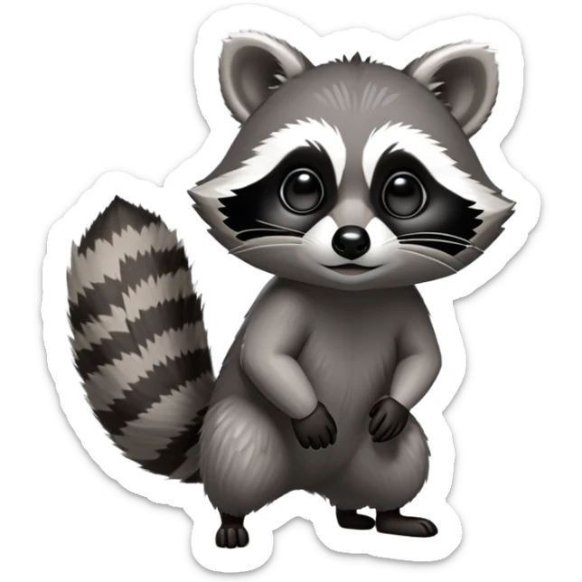 Cinematic-cute Raccoon-Realistic-hunched Full-Body on all fours-Emoji – Tail flicking lazily, head tilted dramatically, thick grey fur with a signature black mask, sharp and alert ears, simplified yet realistic focused features, highly detailed, glowing with an almost sarcastic glow. big black eyes sticker