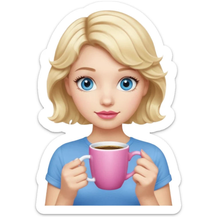 Girl Blonde short wavy hair,  blue eyes, cute blue top, long lashes, pink lips, holding coffee mug sticker