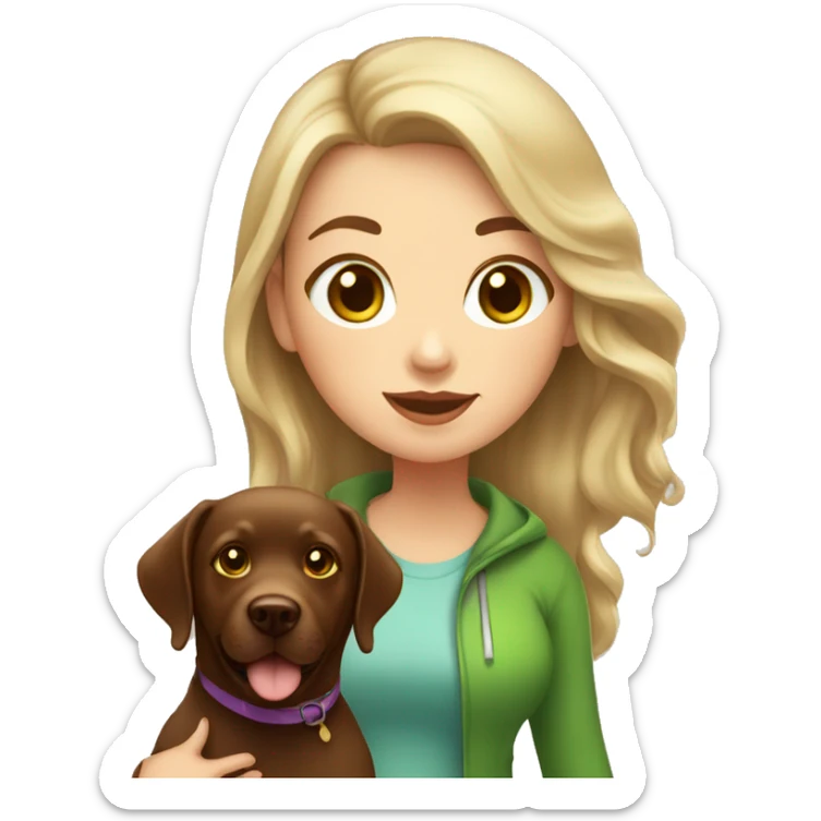 chubby girl with blond highlights in hair and green eyes walking a chocolate labrador sticker