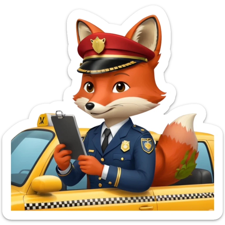 The Fox Is Actually Red Wearing A Officer Outfit Riding On The  Taxi Writing On The Clipboard sticker