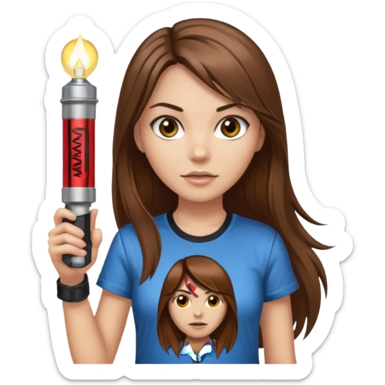 a female with long straight brown hair and brown eyes wearing a iron maiden shirt holding a flashlight  sticker