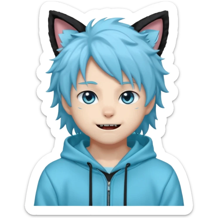 A fluffy anime-style male character with black fur, cat ears, a long fluffy tail, and sharp blue eyes. He wears a light cyan hoodie that says 'Imagine and go with the flow' and matching sweatpants. He has sharp fangs that show when he smiles, giving him a playful but mysterious vibe. sticker